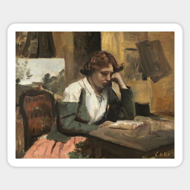 Young Girl Reading by Jean-Baptiste-Camille Corot Sticker by Classic Art Stall